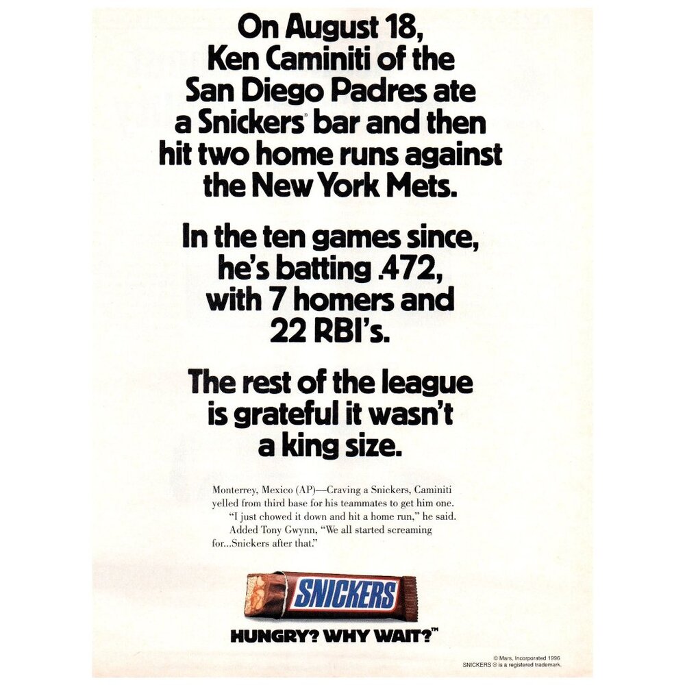 1996 Snickers Candy Chocolate Bar Vintage Print Ad Ken Caminiti MLB WAll Art